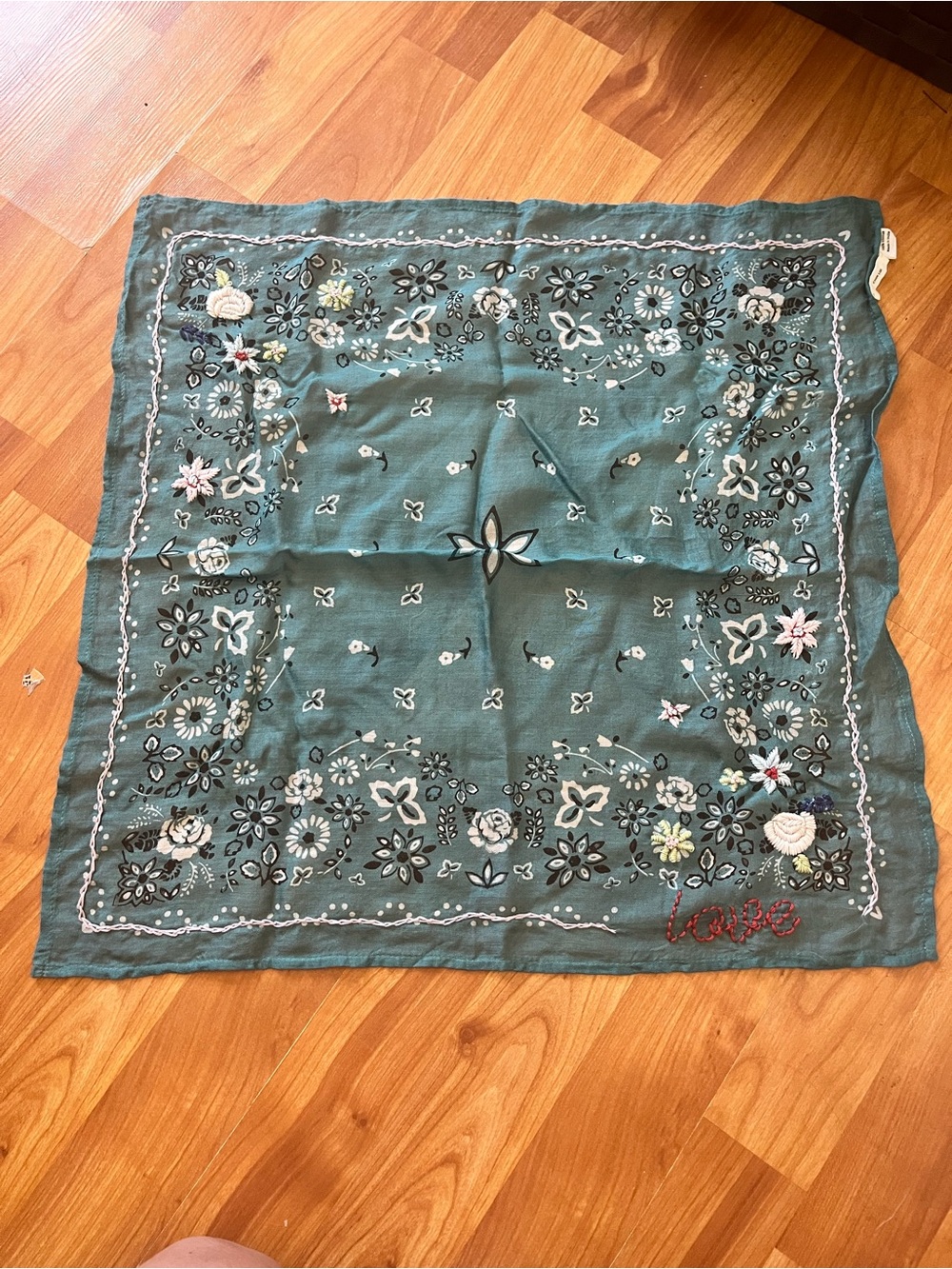 Sold Out Rare Chan Luu Teal Blue Viscose Scarf Bandana Embroidered Floral Love